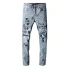 Jeans pour hommes Blanc High Street Stretch Skinny Streetwear Distressed Light Blue Rhinestons Trous détruits Qualité Slim Fit Marque