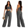 Women's Two Piece Pants LKF Fashion Sleeveless Open Waist Short Top Elastic Wide Leg Trouser Set 2 Washed Old