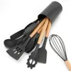 12 pièces ustensiles de cuisine en Silicone spatule pelle cuillère à soupe outil de cuisson avec seau de rangement manche en bois antiadhésif Gadgets de cuisine 240130