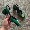Gröna högklackar för kvinnor Fashion Squared Toe Leather Slingbacks Pumpar Elegant Lady Heeled Shoes Autumn Luxury 240123