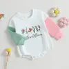 Rompers pudcoco spädbarn född baby flicka faller romper långärmad rund hals blommig bokstav tryck kontrast färg bodysuit kläder