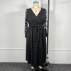 Vcut klänning elegant vneck broderad spets mesh midi med långa ärmar bälte för kvinnor hög midja wrap hem plus storlek 240202