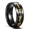 Bague en acier au carbure de tungstène de 8mm, bague de mariage en feuille de couleur or incrustée de noir pour hommes et femmes, bijoux en gros 240125