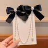 Hårtillbehör Tassel Bowknot Clip Korean Style Pearl Chain Ribbon Bow Barrettes Side Ponytail Hairpin Daily