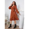 Womens Plus Size Long Lantern Sleeve Swing Midi Dress V Neck Wrap Belted A Line Ruffle Trim Tie Side Robe Solid color clothing 240202