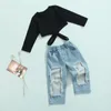 Clothing Sets 2 Pieces Kids Suit Set Girls Solid Color O-Neck Long Sleeve Hollow Out Bandage Shirt Tops Ripped Jeans Spring Fall 2-7 Years