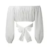 Короткие топы из однотонного материала, блузка для женщин, милые рубашки с открытыми плечами и длинными рукавами, модный укороченный топ однотонного цвета, женский 240125