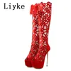 Liyke 16cm ultra fino salto alto sexy boate oco para fora sobre o joelho botas mulheres peep toe rendas zip plataforma sapatos sandálias 240125