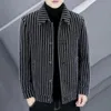 Men Jacket Turn-down Collar Long Sleeve Striped Single-breasted Thick Warm Cardigan Loose Plus Size Mid Length Casual Business S240127