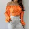 Soild Short Tops Blouse For Women Cute Off Shoulder Long Sleeve Shirts Fashion Pure Color Crop Top Ladies 240125