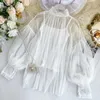 Plus Size Women Top Lantern Sleeve Autumn Spring Blus Beading Elegant Blue Chiffon Lace Pearl Shirt 240202