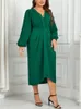 Plus size sólido decote em v vestidos femininos puff mangas compridas runched robe outono outono sprimg vestido cintura elástica roupas femininas 240129