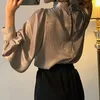 Satin Blue Long Lantern Sleeve Office Chic Ladies Shirt White Korean Fashion Clothing Black Spring Bluses Women Top Chemise 240202