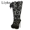 Liyke 16cm ultra fino salto alto sexy boate oco para fora sobre o joelho botas mulheres peep toe rendas zip plataforma sapatos sandálias 240125