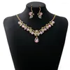 Halsbandörhängen Set Romantic Pink Crystal Leaf Flower Halsband för kvinnor Bridal Wedding Party Water Drop Year Gift