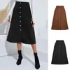 Rokken Vrouwen Corduroy Knop Midi Herfst Winter A-lijn Party Fashion Casual Hoge Taille Lange Rok Kantoor Dame Dragen vestido