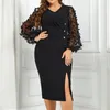 Plus Size Site Split Women Dresses V Neck Se genom puff långa ärmar Autumn Fall Sprimg Robe Solid Button Female Clothing 240129