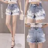 Shorts femininos 2024 verão cintura alta solto-ajuste perna larga doce luz azul mulheres bordadas flores sexy denim