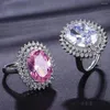 Cluster Rings Fashion Chic Big 5 S Pink Crystal Zircon Diamond Gemsten för kvinnor Vitt guld silver färg smycken bague fest gåva