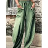 Kvinnor Pants Summer Casual Green Women Cotton Linen Elastic Midjebyxor Fashion Solid Loose Harem Pantalon Femme 25034