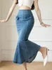 Gonne Elegante gonna di jeans in denim casual per donna a vita alta aderente con volant a coda di pesce moda tromba lunghezza midi femminile