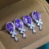 Boucles d'oreilles pendantes petit cristal violet délicat améthyste diamants pierres précieuses goutte de fleur pour femmes or blanc couleur argent bijoux fins