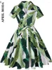 Vestidos de festa verde folha impressão algodão pinup swing mulheres vestido com cinto 4xl 3xl robe femme 50's 60s retro vintage traje roupas