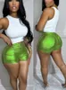 Frauen Shorts HAOYUAN Sexy Candy Farbe Metallic PU Leder Für Frauen Streetwear Fashion Kurze Hose Rave Kleidung Hohe Taille Booty