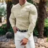 Мужская модная социальная деловая классическая рубашка, однотонная приталенная эластичная блузка с длинным рукавом, повседневная блузка на пуговицах, фитнес-спортивный топ 240126