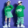 Stage Wear Enfants Teen Show Tenues Hip Hop Vêtements Sweat-shirt vert Tops Pantalons de jogging à carreaux pour fille garçon Jazz Costume de danse Vêtements