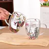 Verres à vin à fleurs transparentes, tasse en verre à Double couche, café créatif domestique avec poignée, résistant à la chaleur et au froid