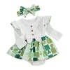 Kledingsets Lentekleding voor babymeisjes Ruches met lange mouwen Klaverprint Geribbelde romperjurk met hoofdband St Patrick S Day-outfit