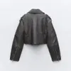 Veste de moto en simili cuir pour femmes, courte, effet ancien, manteau en cuir gris délavé, Femle 240124