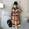 American Women's Autumn and Winter Plaid Lapel Mid Length Color Matching Retro Trench Coat Long Sleeve Coat Windbreaker 240129