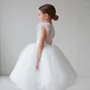 Vestidos da menina meninas bolo branco camadas crianças puxar manga elegante festa de casamento aniversário tutu princesa vestidos crianças roupas verão