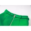 Summer High Street European Style Fresh Green Blazer Skirt Sets Pocket Notached Slim 2PCS Women Quality Suits 240202