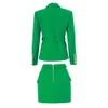 Summer High Street European Style Fresh Green Blazer Skirt Sets Pocket Notached Slim 2PCS Women Quality Suits 240202