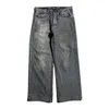 Gotik Siyah Metal Cep Kafatası İşlemeli Midrise Washed Jeans Erkekler ve Kadınlar İçin Harajuku Sokak Punk Günlük Geniş Bacak Pantolon 240129