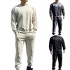 Men's Hoodies Solid Color Crew Neck Long Sleeve Suede Hoodie And Elastic Waist Lace Up Pant Suit Clothes Men 1930s Suits For