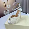 Sandali estivi punta tonda donna cinturino con fibbia vera pelle piattaforma idraulica tacchi alti scarpe con perle Chaussure Femme