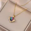 Pendant Necklaces Mystic Rainbow Birthstone Love Heart Clavicle For Women White Zircon Stainless Steel Chains Wedding Choker CZ