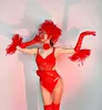 Sahne Giyim Seksi Kadın Dansçı Gogo Show Dans Kostümü Red Pearl Headgear Dantel Bodysuit Set Bar Sevgililer Günü Partisi Performansı