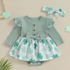 Kledingsets Lentekleding voor babymeisjes Ruches met lange mouwen Klaverprint Geribbelde romperjurk met hoofdband St Patrick S Day-outfit