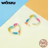 Wostu original 925 prata esterlina arco-íris em forma de coração clipes de orelha argola com processo de esmalte jóias finas para presente de festa feminino 240119