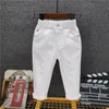 Meninos jeans edição branco cavernas quebradas cowboy calças jeans crianças bebê menino jeans crianças denim streetwear 240118