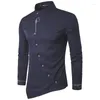 Camicie casual da uomo Camicia con colletto Henry dal design irregolare con bottoni diagonali personalizzati alla moda Camicia a maniche lunghe ricamata da uomo