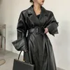 Lautaro Trench lungo oversize in pelle da donna manica lunga risvolto vestibilità ampia Autunno Elegante nero abbigliamento donna streetwear 240119