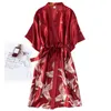 Bourgogne Women 2st Faux Silk Kimono Robe Gown Set Sexy Print Crane Nightdress Bathrobe Lingerie Nightgown Summer Sleepwear 240201