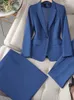 Calça de escritório ternos para mulheres manga longa casual moda duas peças primavera verão sólido lapela botão mini 240202