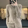 Malhas femininas malha lã cardigan feminino o-pescoço camisola mujer manga longa topo estilo moda vintage roupas em outerwears borda ondulada